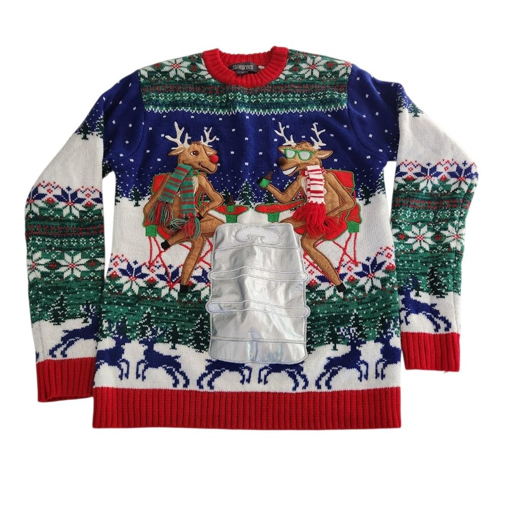 Ugly Christmas Sweater 33‎ Degrees Holiday Reindeer Beer Bottle Pocket Small EUC
